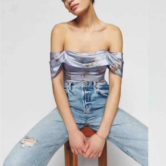 NWT Reformation Lux silk top Off the Shoulder silk corset top blue floral - Picture 4 of 13